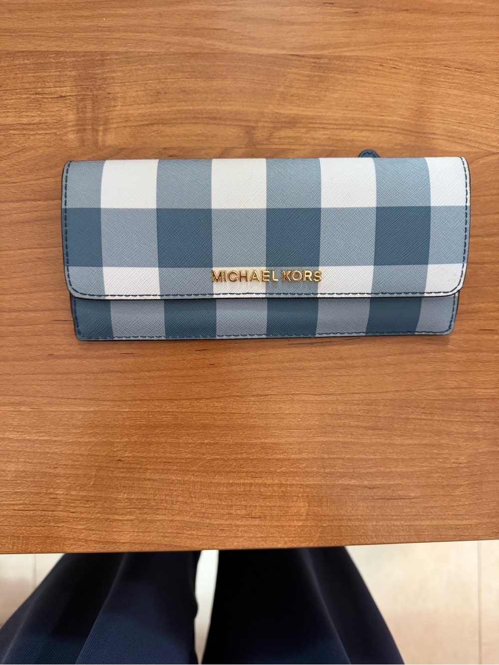 Michael Kors Blue and White Gingham Continental Wallet